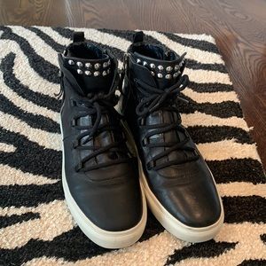 Kennel and Schmenger Size 8 black leather high top sneaker with silver studs.
